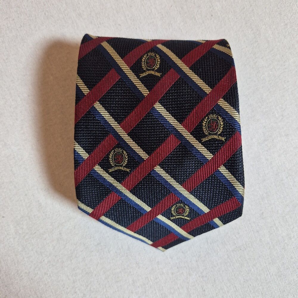 Tommy Hilfiger Mens Tie 100% Italian Silk USA Blue Crest Logo PULLED THREADS